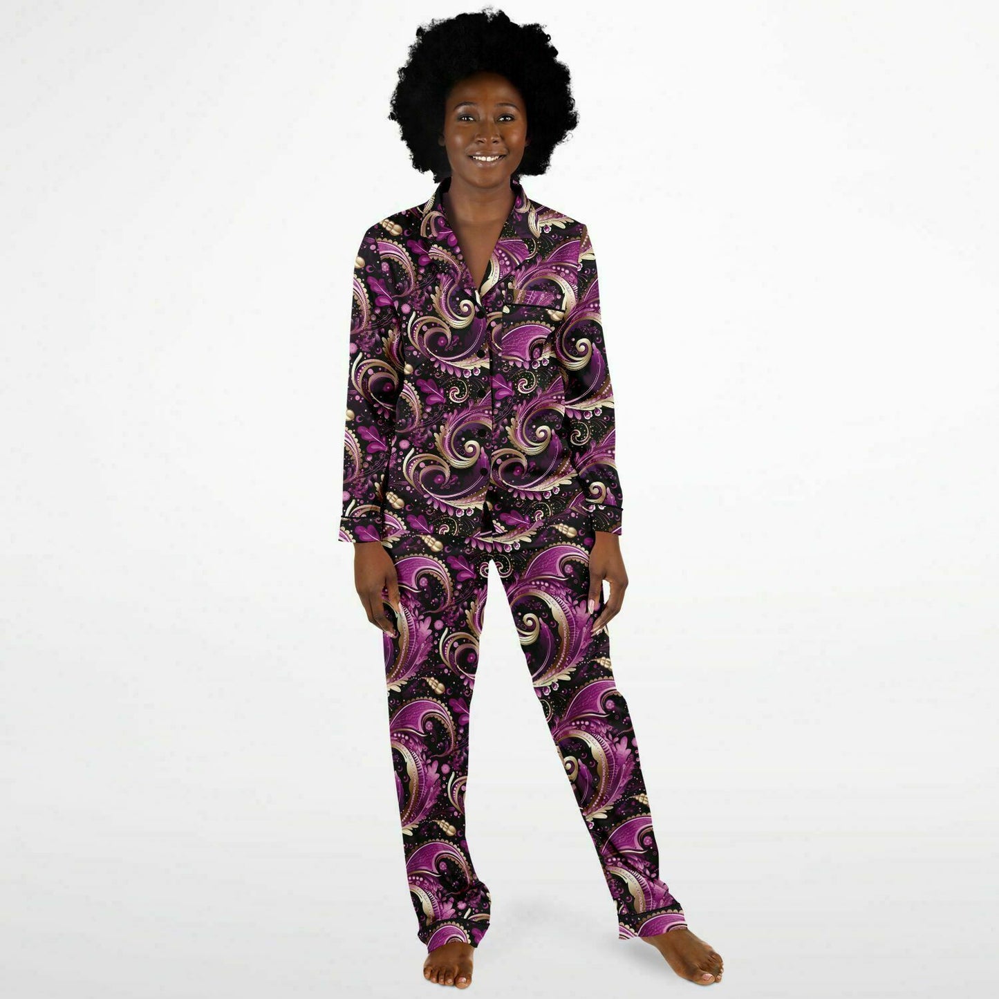 Purple Pink & Gold Paisley Print Women's Satin Pajamas, Boho Chic Purple Women's Pajama Set