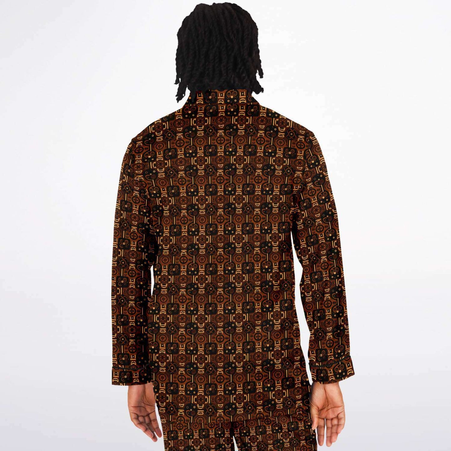 Brown African Wax Print  Men's Satin Pajama Set | Adinkra Symbols African Print' Big & Tall Satin Cozy Men's Loungewear