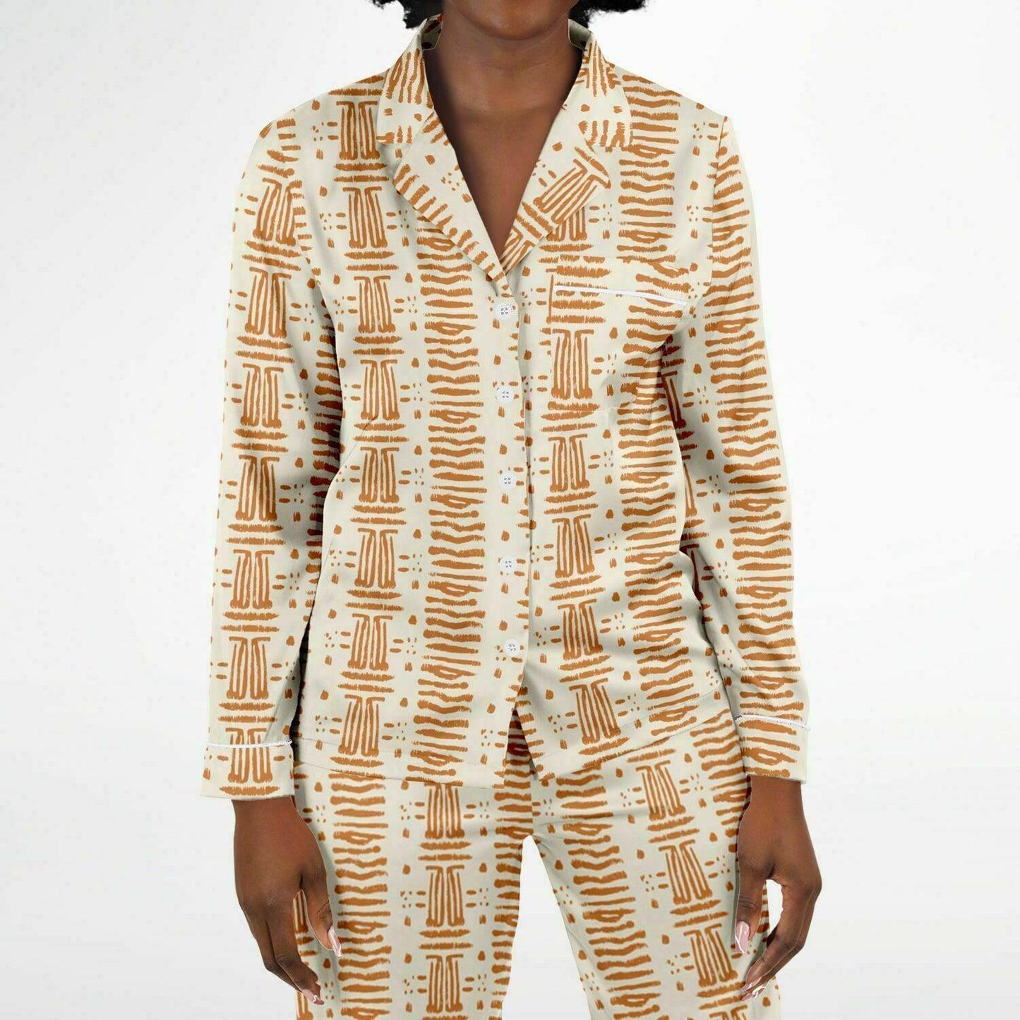 Women's Rust & Cream Mud Cloth Satin Pajama Set, African Print Luxury Sleepwear