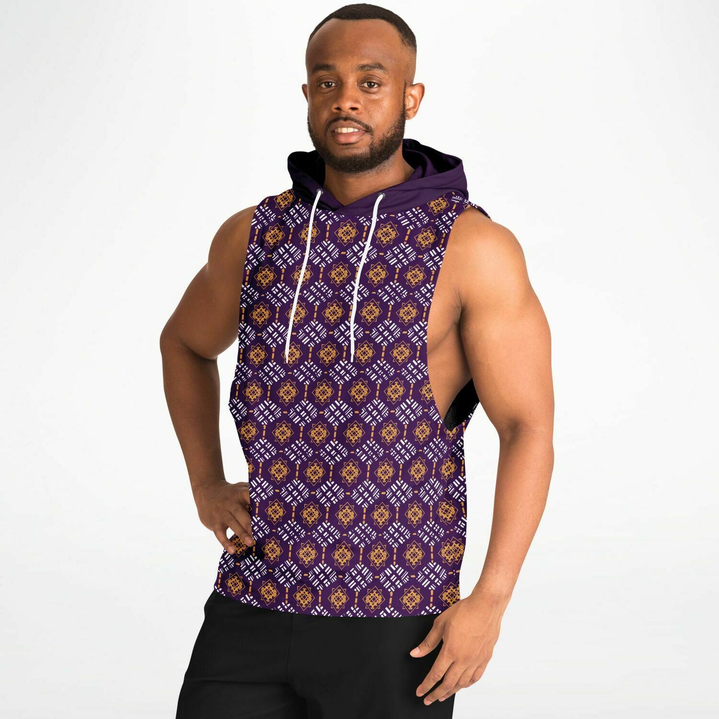 Omega Psi Phi Colors African Print Athletic Drop Armhole Hoodie, Men's Purple & Gold Athletic Ethnic  Print Workout Pull Over Gear