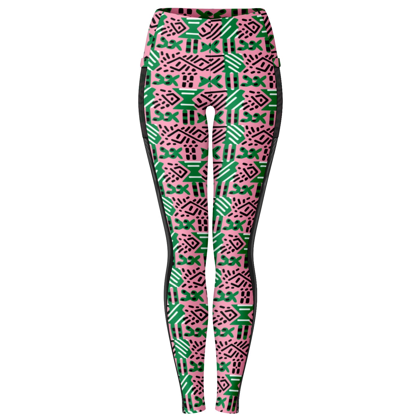 AKA Pink & Green Sorority Inspired African MudCloth Mesh Pocket Leggings, African Print Women's Athletic Wear