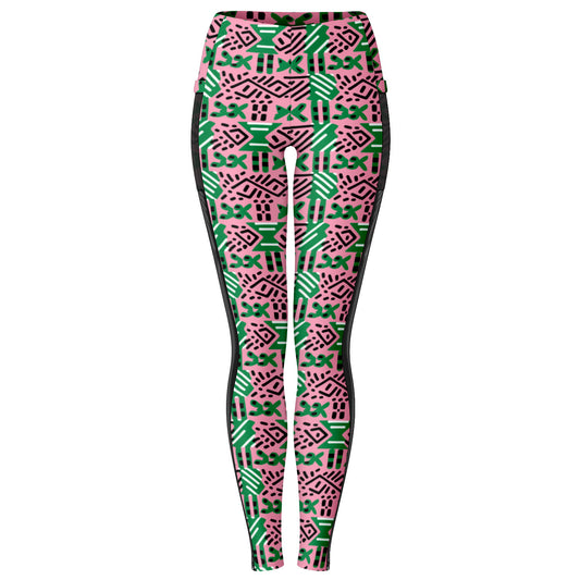 AKA Pink & Green Sorority Inspired African MudCloth Mesh Pocket Leggings, African Print Women's Athletic Wear