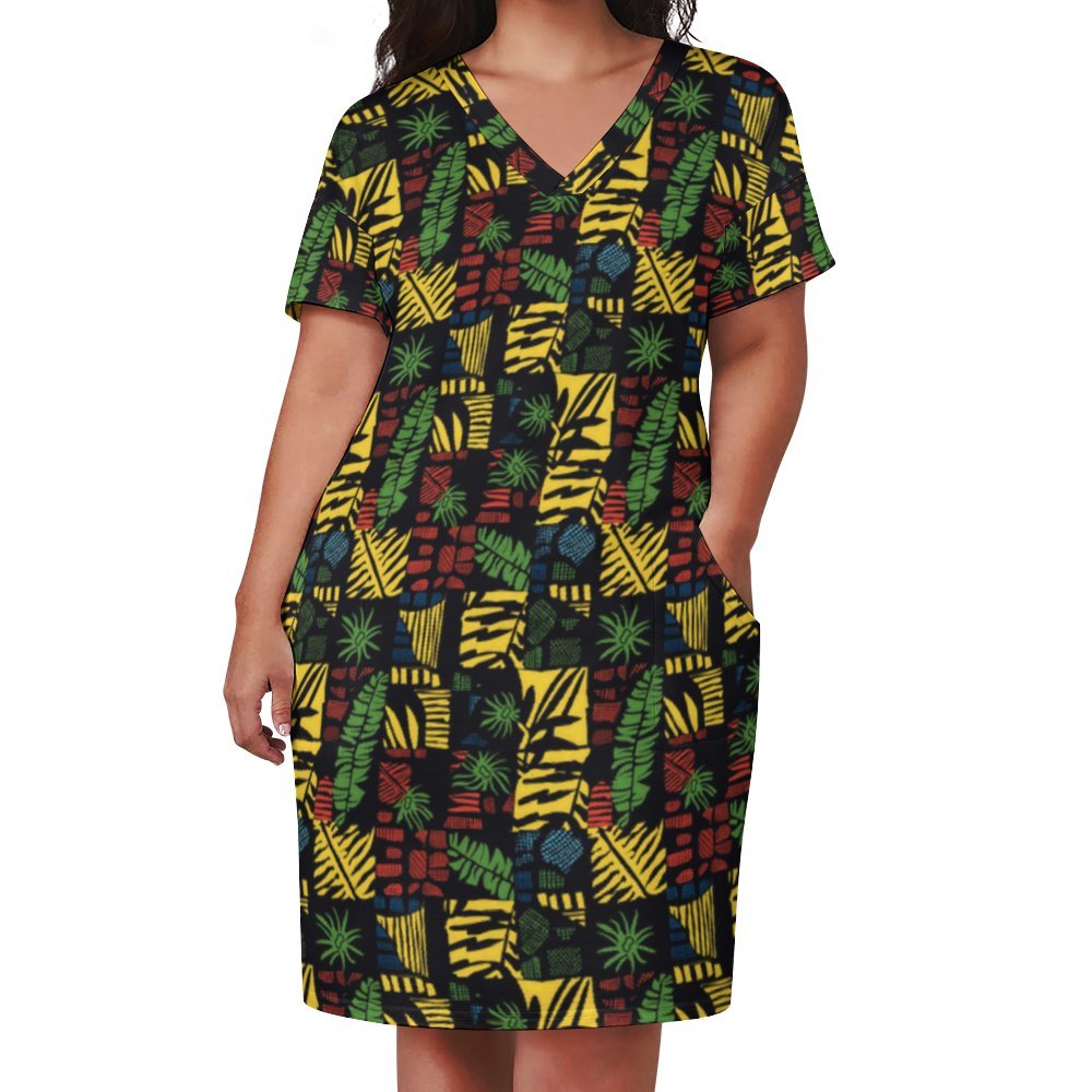 Plus Size African Print Women's Dress, Tropical Leaf & Drum Design