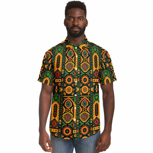 Traditional Dashiki Style Short Sleeve Button Down Shirt - Color Block Pattern