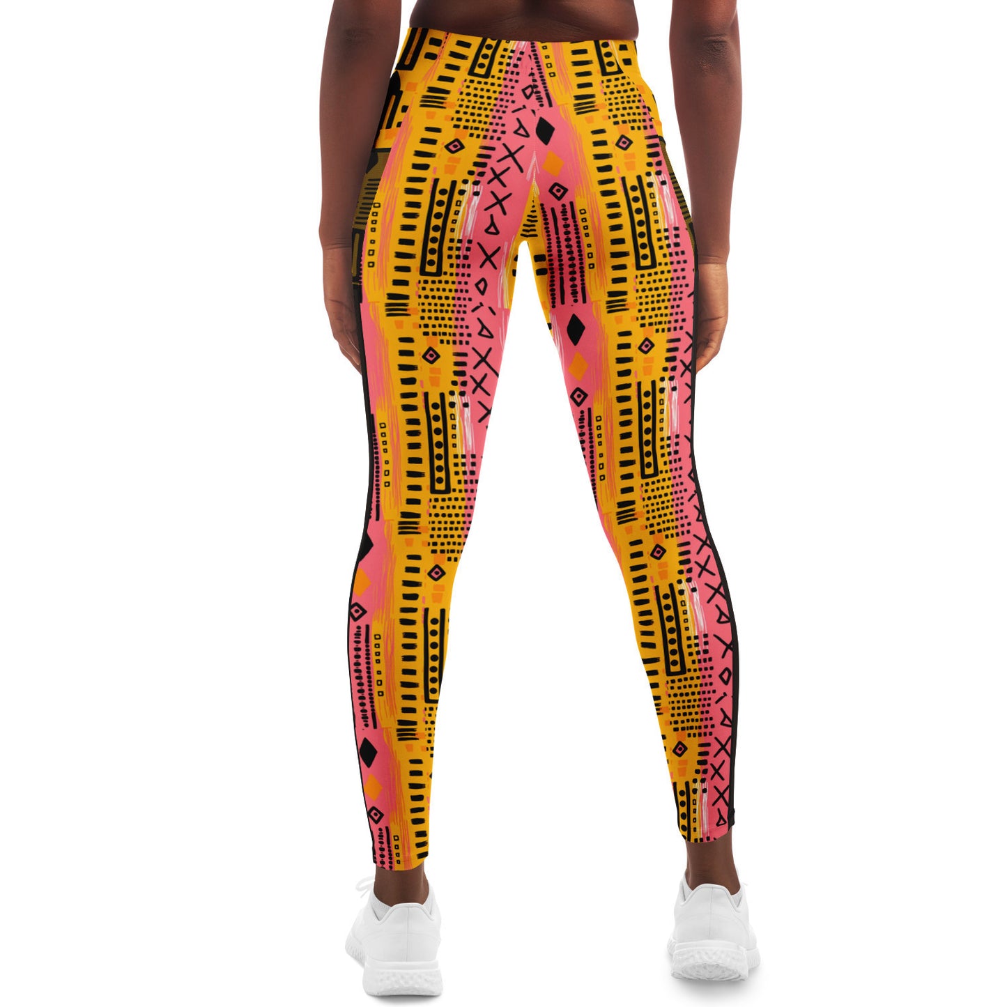 Sunset Sahara Colorful African MudCloth Print Mesh Women's Leggings, African Ankara Print Women's Work Out Wear