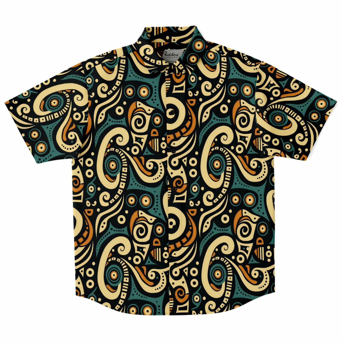 Afrocentric Art Print Short Sleeve Button Down Shirt, Teal & Burnt Sienna Retro Design