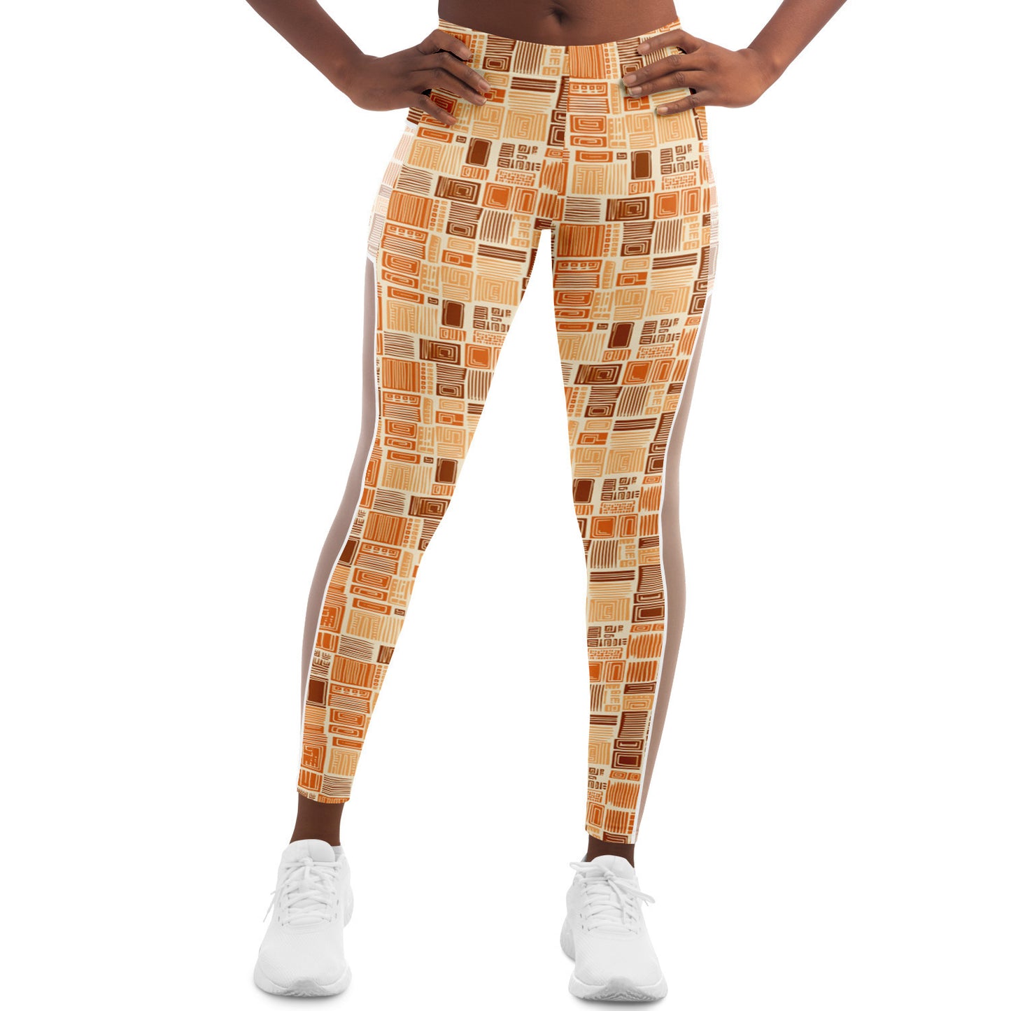 African Mud Cloth Earth Tone Mesh Pocket Leggings, Womens Ethnic Print Athleisure