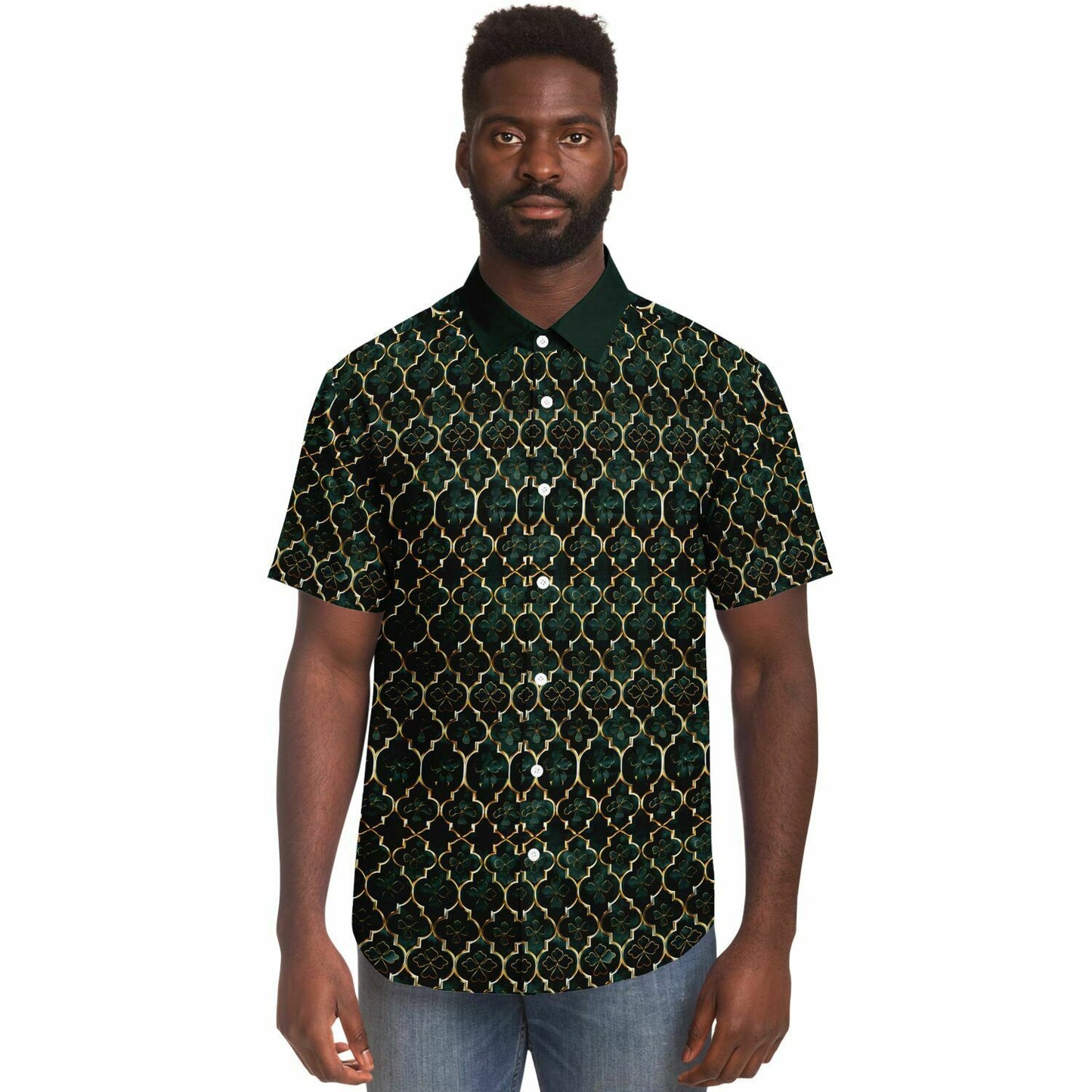 Emerald Elegance: Clover Mosaic Short Sleeve Button Down Shirt, Irish Themed Mens Patterned Dress Shirt