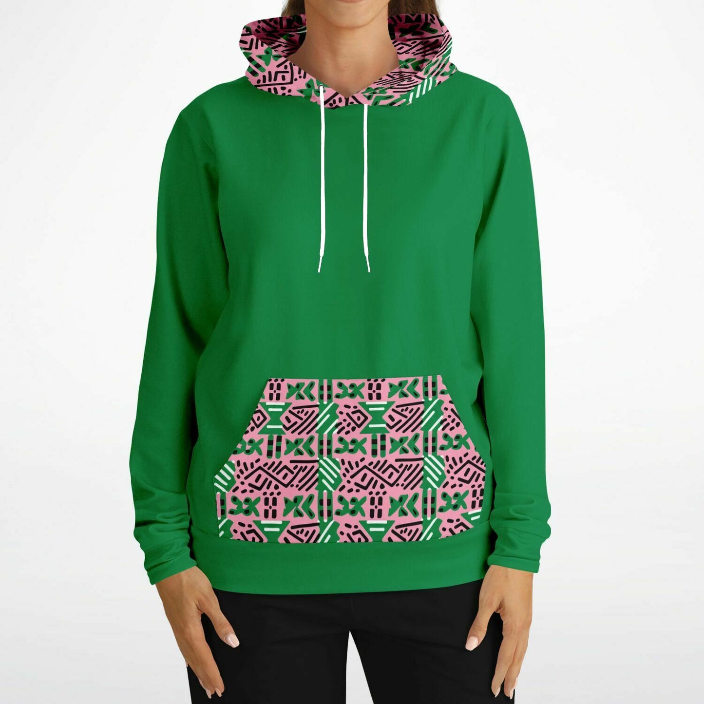 AKA Pink & Green Sorority Inspired African MudCloth Color Block Print Women's Athletic Hoodie, College Sorority Gift