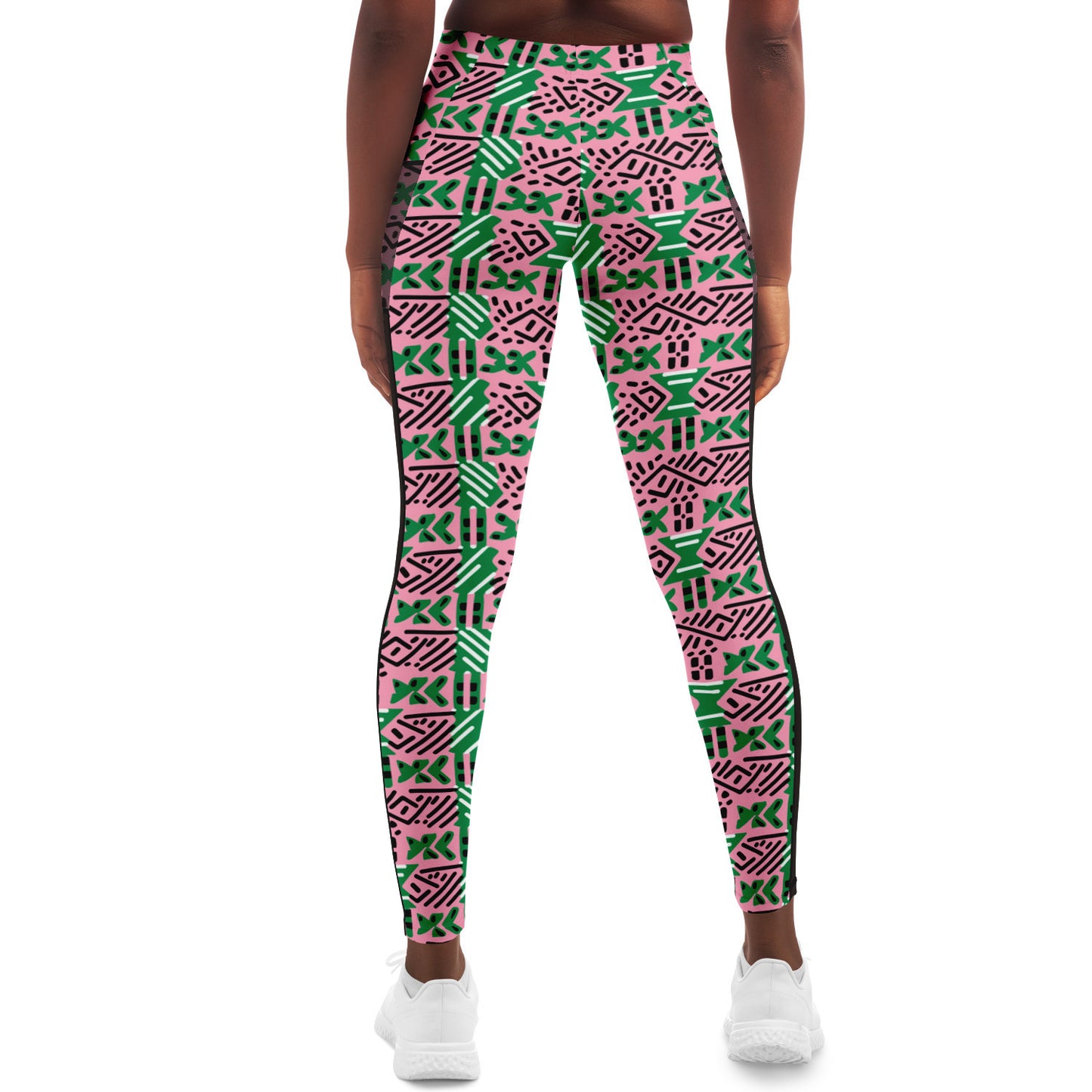 AKA Pink & Green Sorority Inspired African MudCloth Mesh Pocket Leggings, African Print Women's Athletic Wear