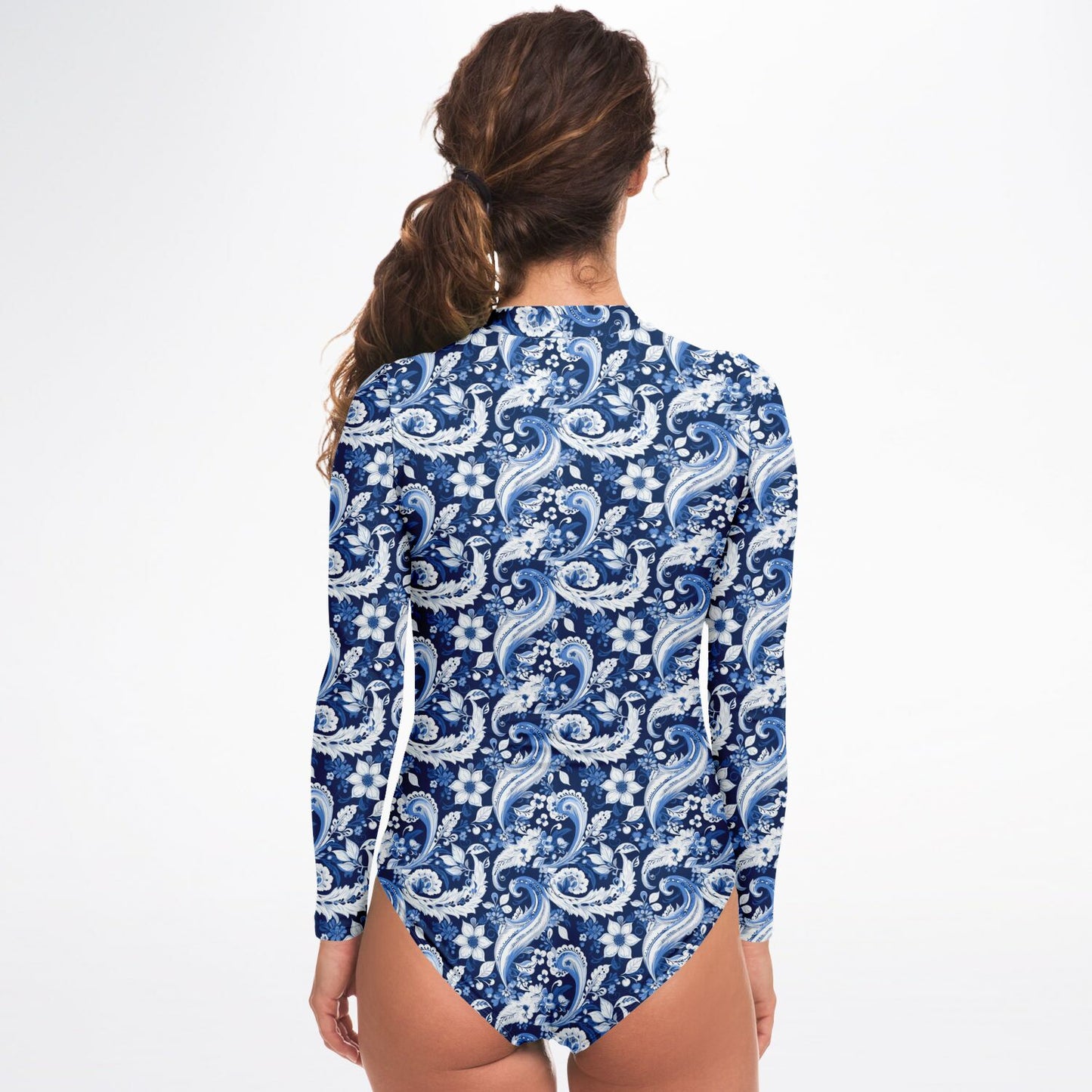 Blue & White Paisley Print Long Sleeve Bodysuit | Trendy UV protection Clothing | Paisley Print Women's Fashion | Bandana Print Bodysuit