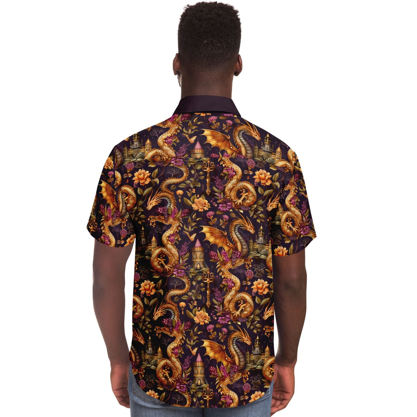 Fantasy-Themed Dragon Print Men's Short Sleeve Button Down Shirt, Gold and Purple Design