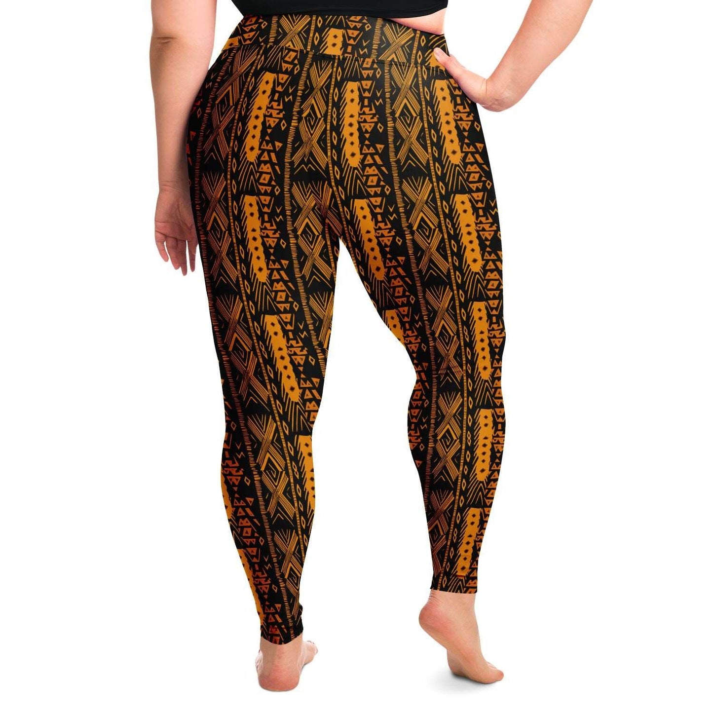 African Triable Print Plus Size 2XL - 6XL Leggings, Orange African Print Workout Gear