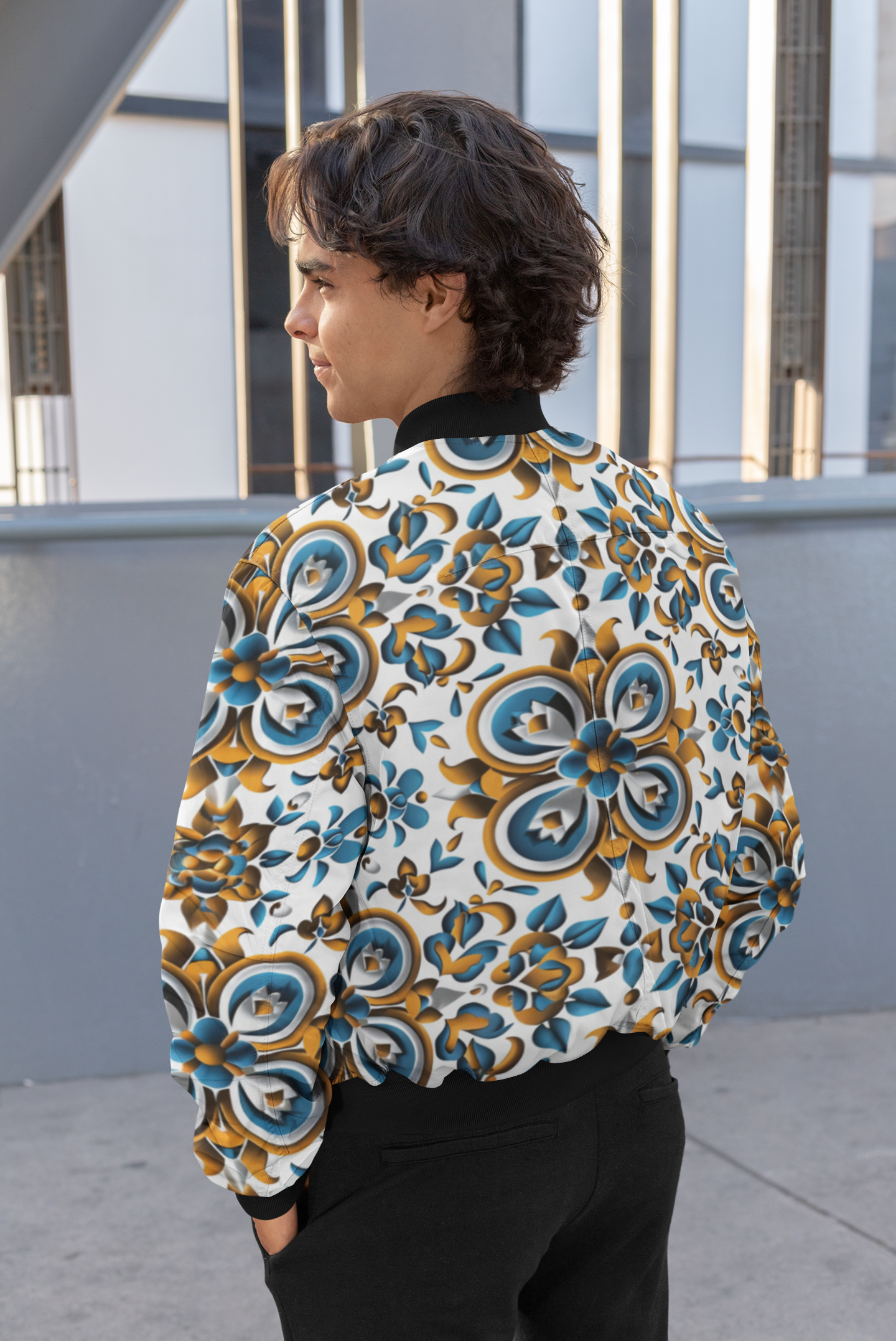 Women's African Print Bomber Jacket, Blue & Yellow Floral Pattern, Stylish Cultural Fashion