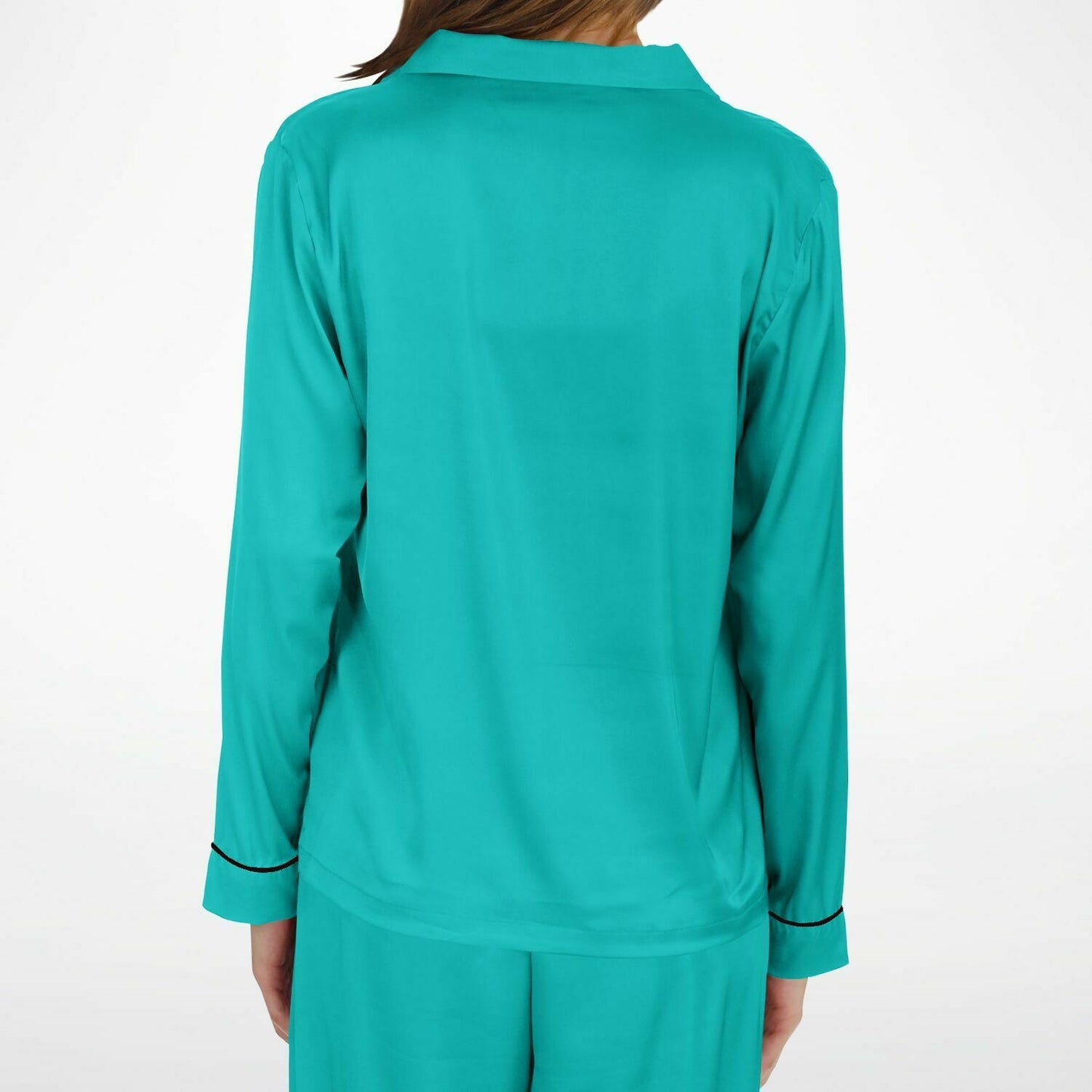 Women's Robin's Egg Luxury Satin Pajama Set with Black Piping, Tiffany Style Pajama Set