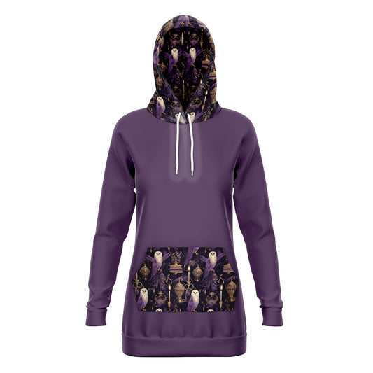 Potterhead Magical World Purple Longline Women's Hoodie, Wands, Owls, Magical Symbols Longline Hooded Sweatshirt