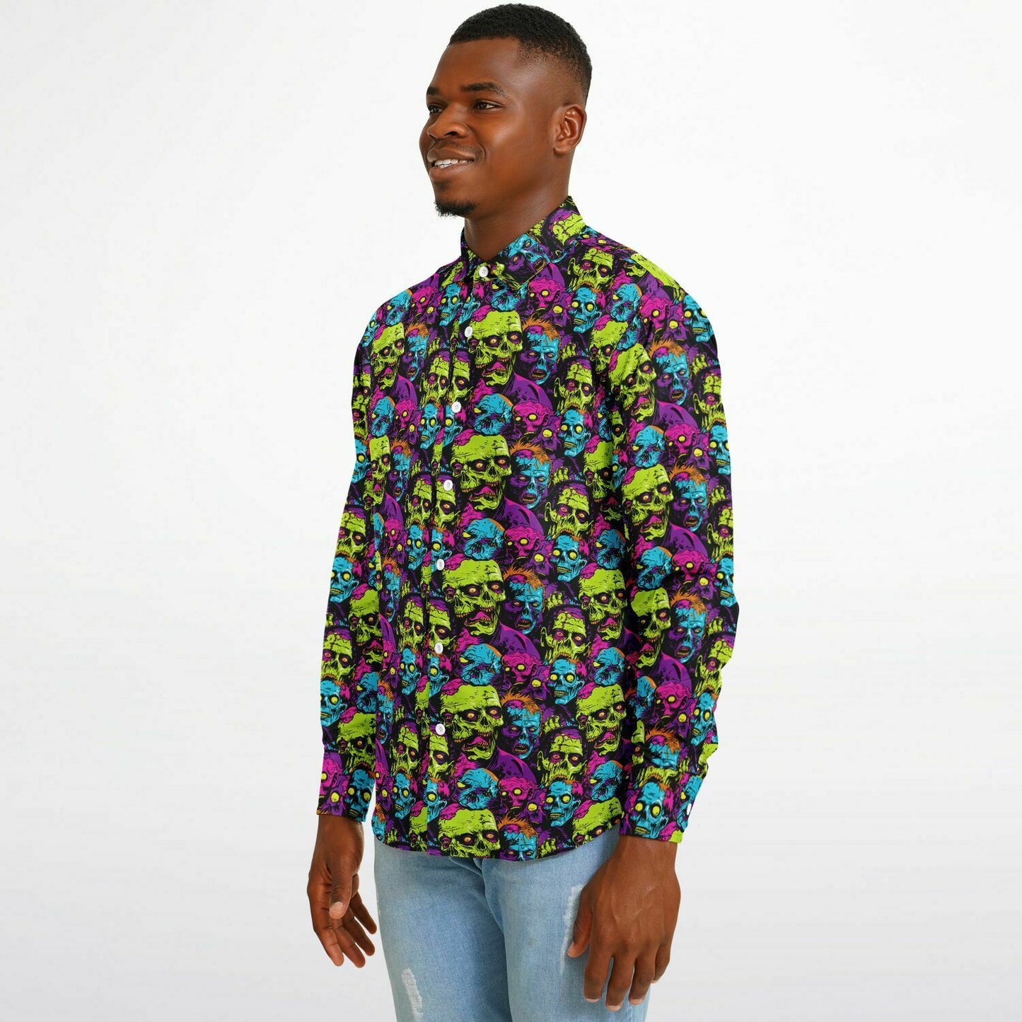 Bold Neon Zombie Horde Button Down Shirt, Comic Book Inspired Long Sleeve, Men’s Halloween Party Outfit