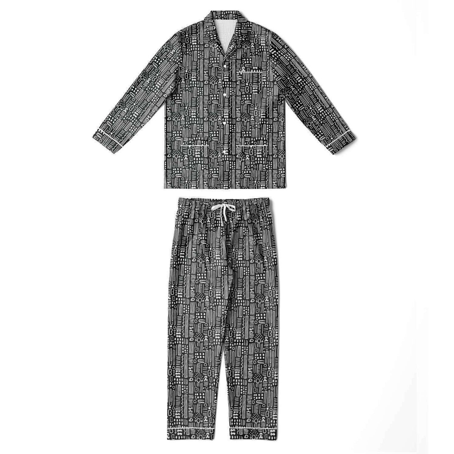 Black & White African Mud Cloth Men's Big and Tall Satin Pajama Set | Matching Tribal Print Family Pajamas