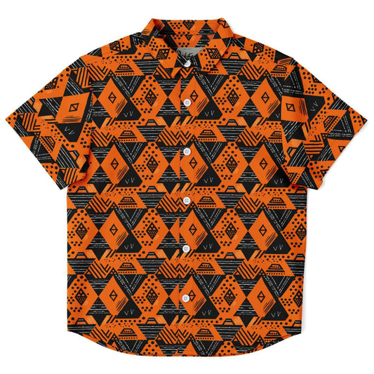 Youth Orange African Mud Cloth Print Button-Down Shirt, Kids Geometric Print Shirt