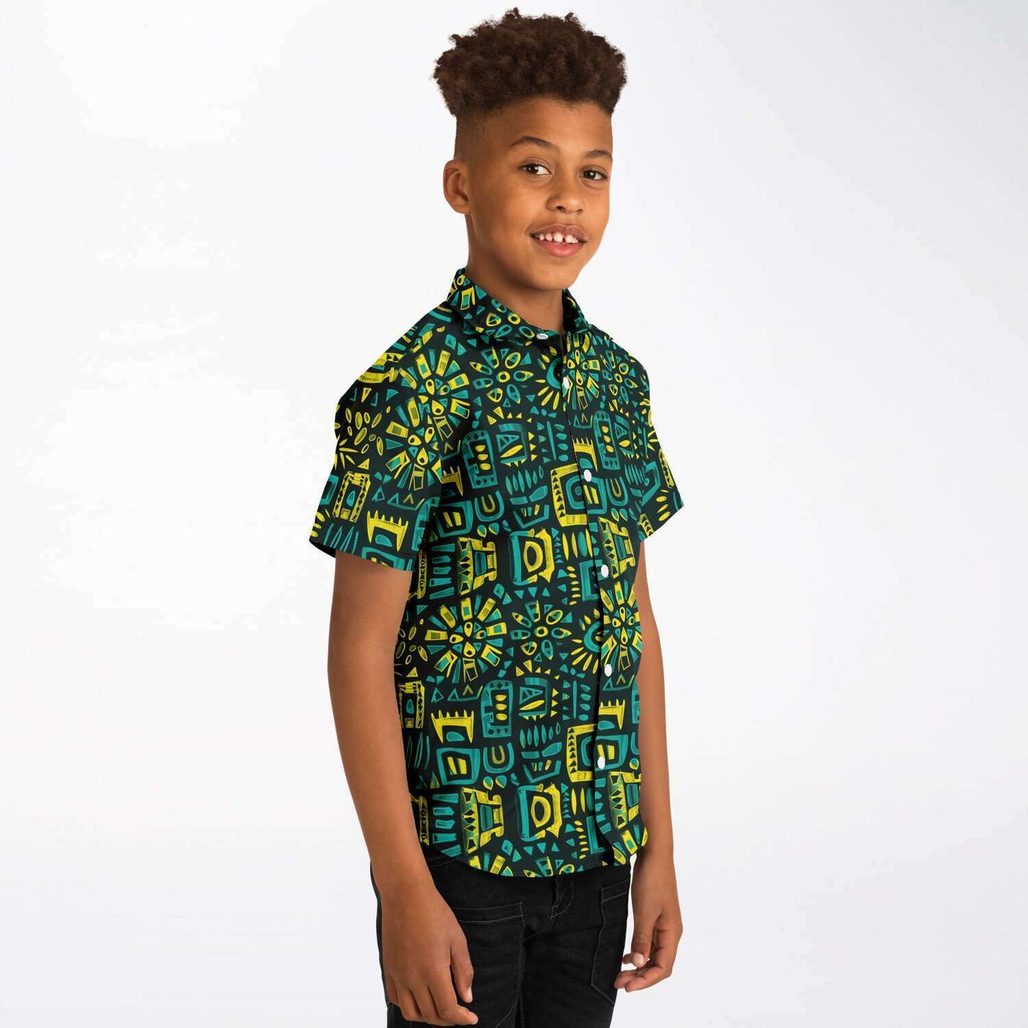 Blue, Green, Yellow African Print Kids Youth Short Sleeve Button Down Shirt