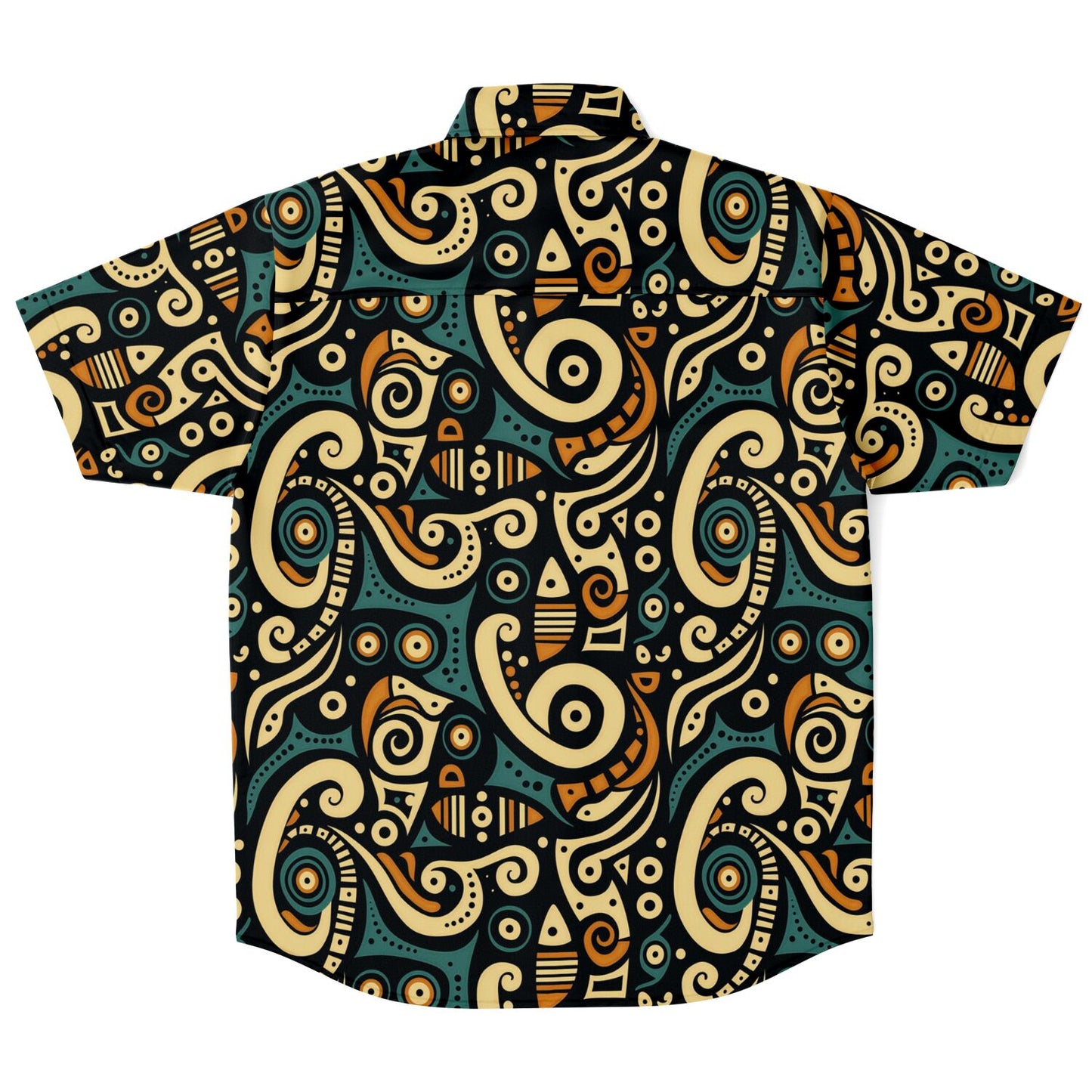 Afrocentric Art Print Short Sleeve Button Down Shirt, Teal & Burnt Sienna Retro Design