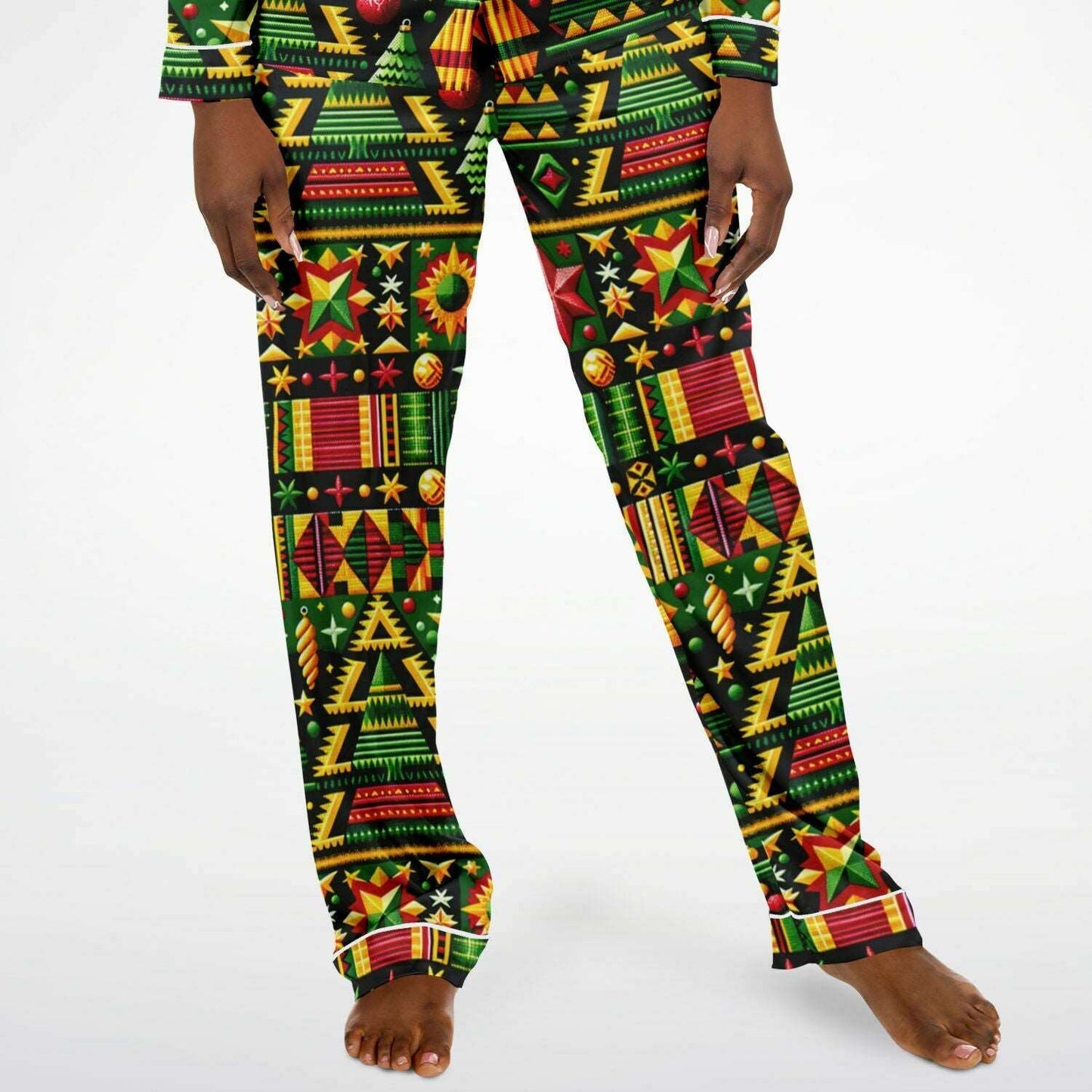 African Kente Cloth Christmas Print Women's Satin Pajamas, Kente Print Women's Fashion