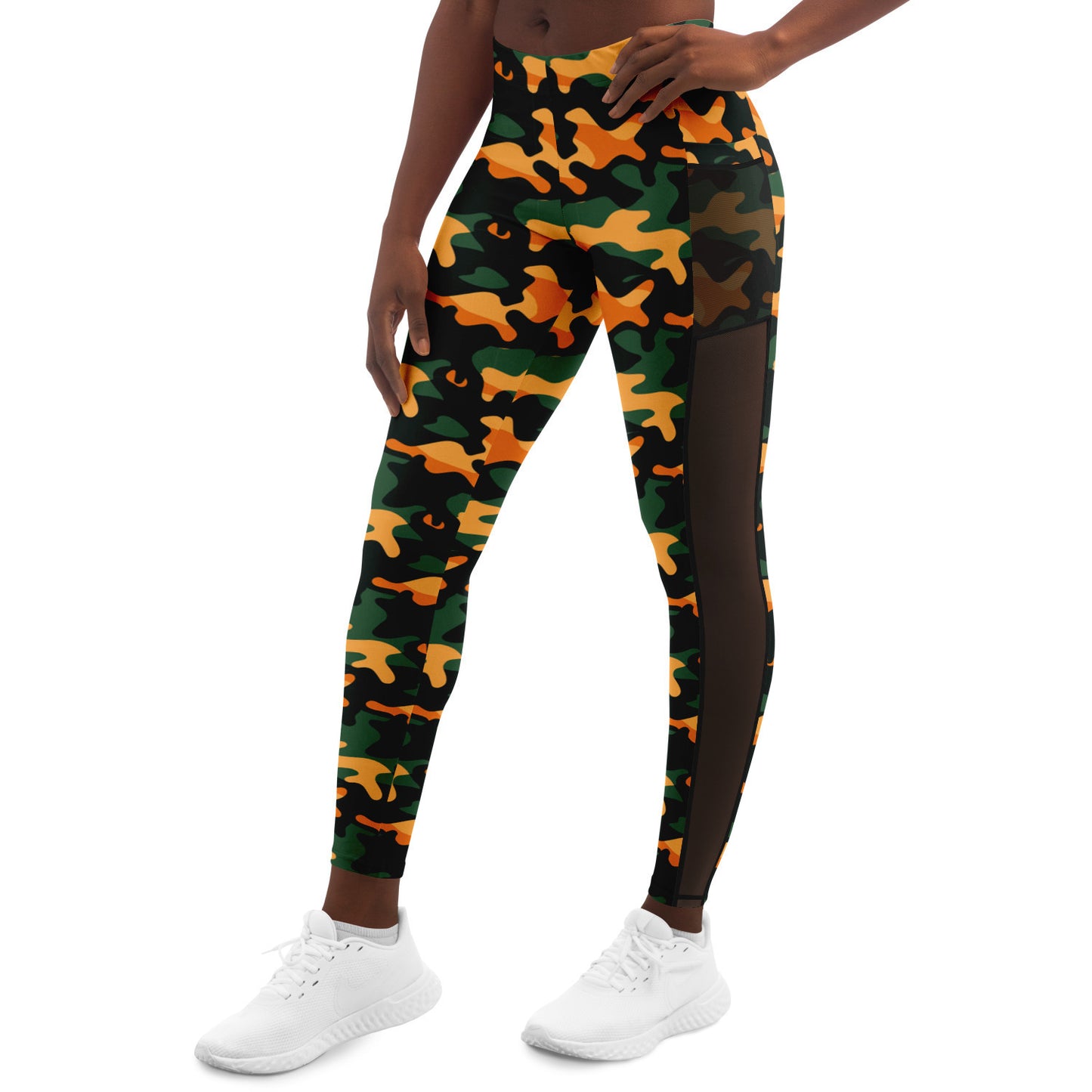 Urban Jungle Camo Women's Mesh Pocket Leggings - Trendy Orange and Green Workout Gear