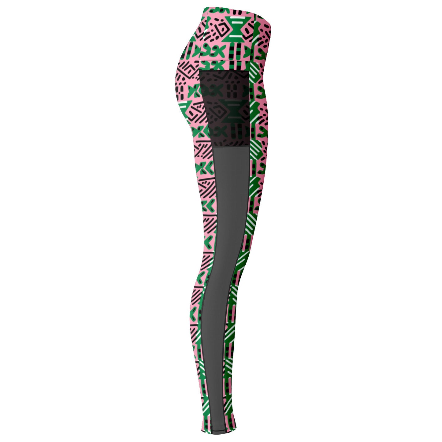 AKA Pink & Green Sorority Inspired African MudCloth Mesh Pocket Leggings, African Print Women's Athletic Wear