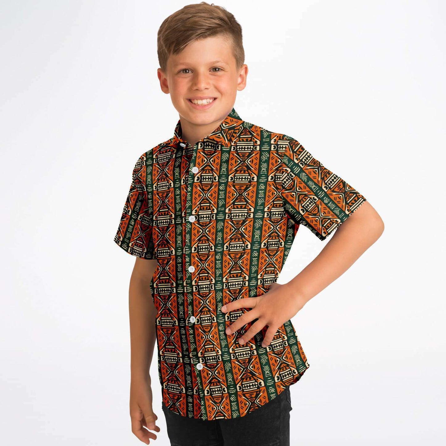 Green & Orange Traditional African Mud Cloth Boys Button Down Shirt