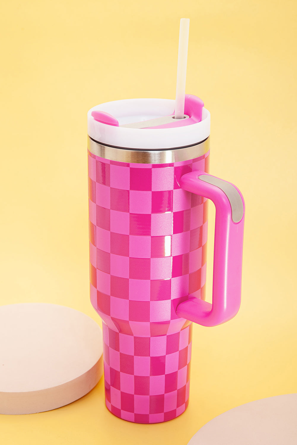 Bright Pink Checkered Print 40oz Stainless Steel Tumbler Cup with Handle - Durable & Temperature Retaining