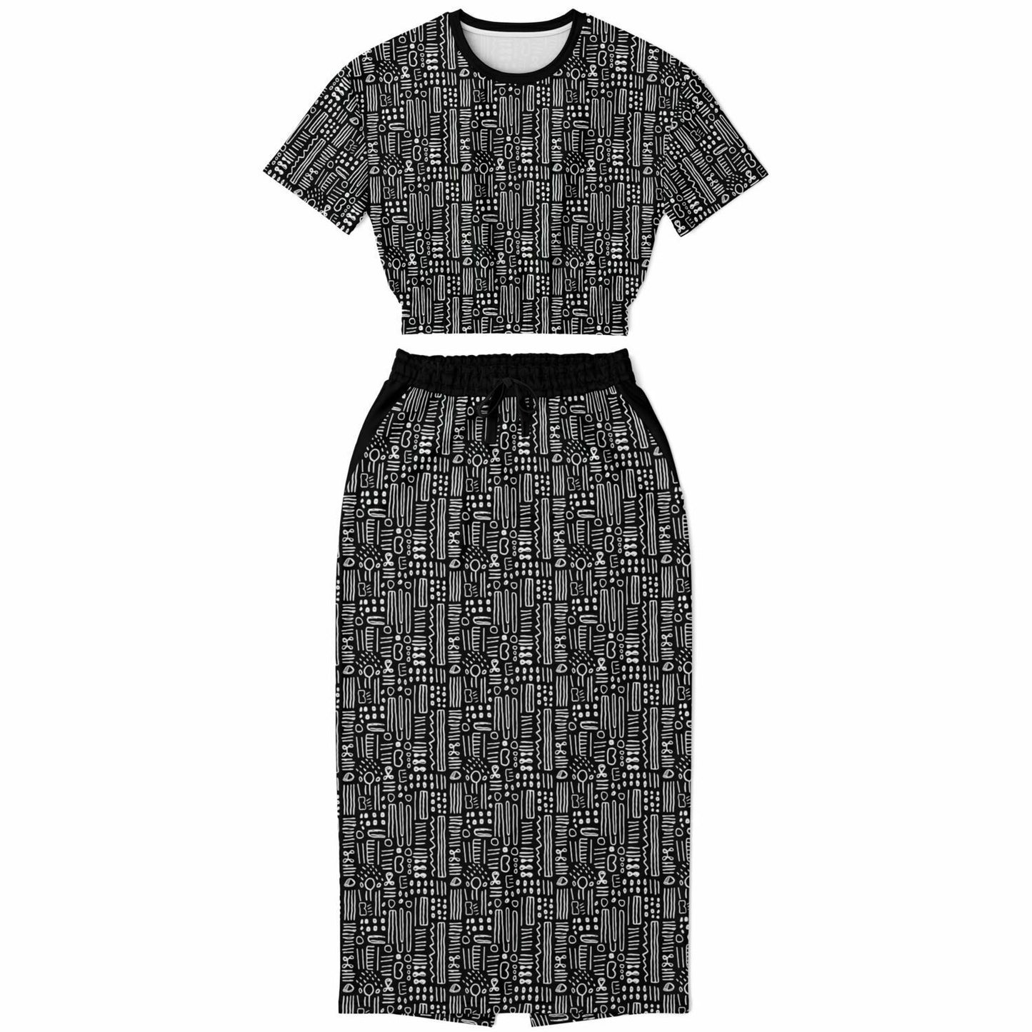 Black & White African Mud Cloth Cropped Sweatshirt & Long Skirt Set, Minimalist Ethnic Print Fashion