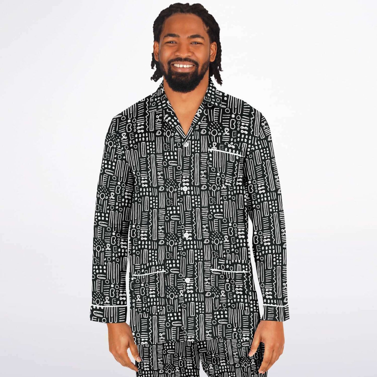 Black & White African Mud Cloth Men's Big and Tall Satin Pajama Set | Matching Tribal Print Family Pajamas