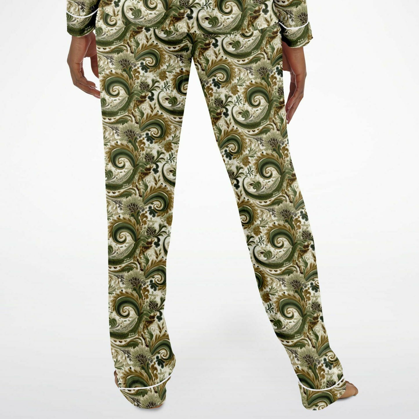 Green & Tan Paisley Print Women's Satin Pajama Set | Green Bandana Print Loungewear | Paisley Print Luxury Night Wear