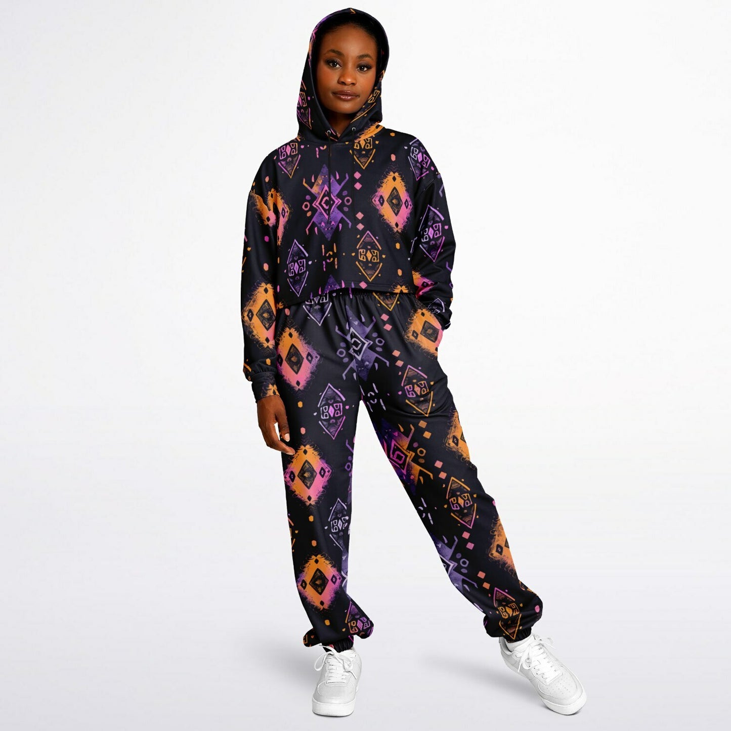 Women's Urban Pop Art African Mud Cloth Tracksuit, Tie-Dye Ethnic Twist Hoodie Set