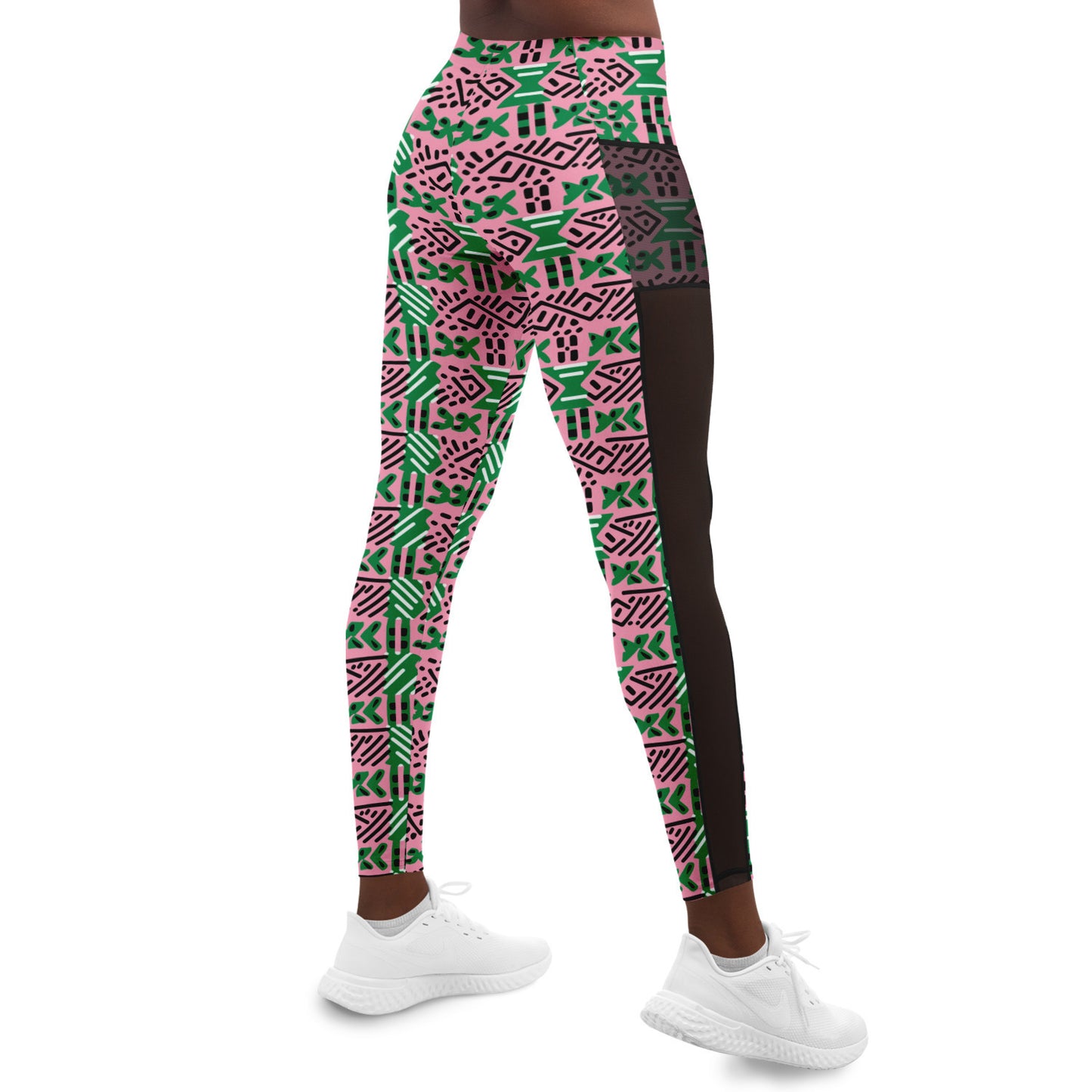 AKA Pink & Green Sorority Inspired African MudCloth Mesh Pocket Leggings, African Print Women's Athletic Wear