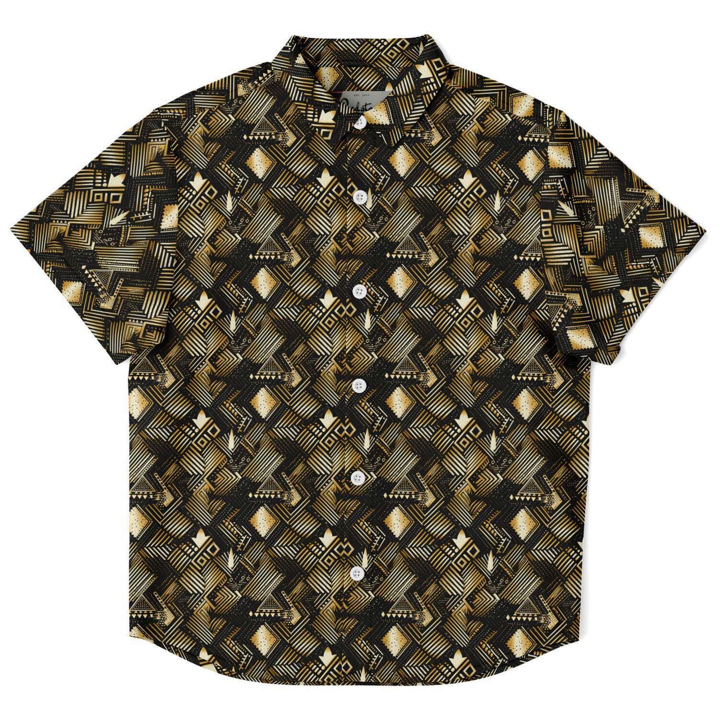 Gold & Black African Print Mud Cloth Short Sleeve Button Down Shirt | Youth Ethnic Print Button Down Shirt - Ships Free