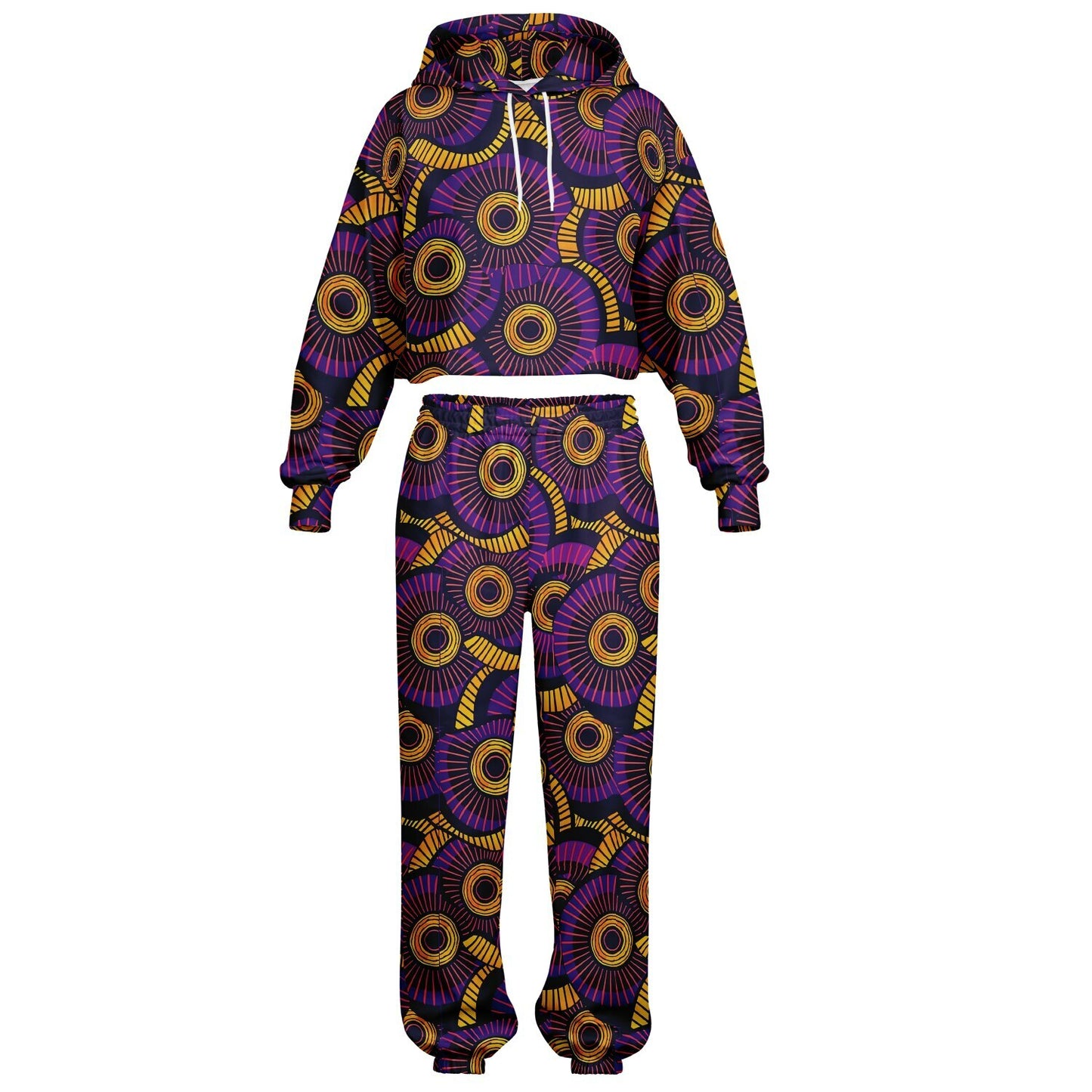 Purple and Gold Women's African Wax Print Tracksuit, Afrocentric Hoodie & Sweatpants