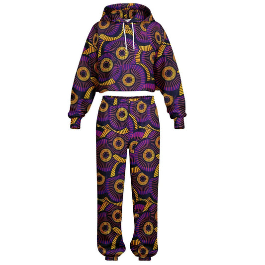 Purple and Gold Women's African Wax Print Tracksuit, Afrocentric Hoodie & Sweatpants