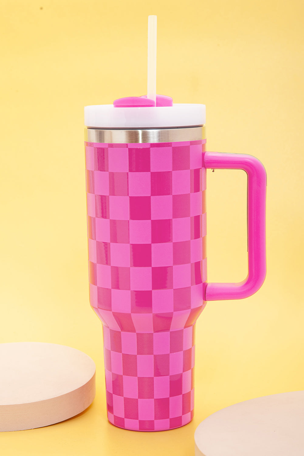 Bright Pink Checkered Print 40oz Stainless Steel Tumbler Cup with Handle - Durable & Temperature Retaining