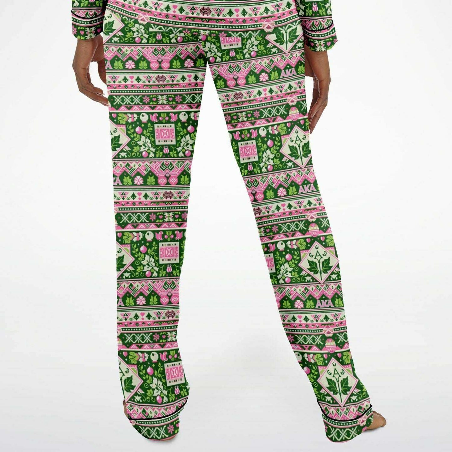 AKA Sorority Pink and Green Women's Satin Pajamas, AKA Themed Women's Holiday Themed 2 Piece Pajamas