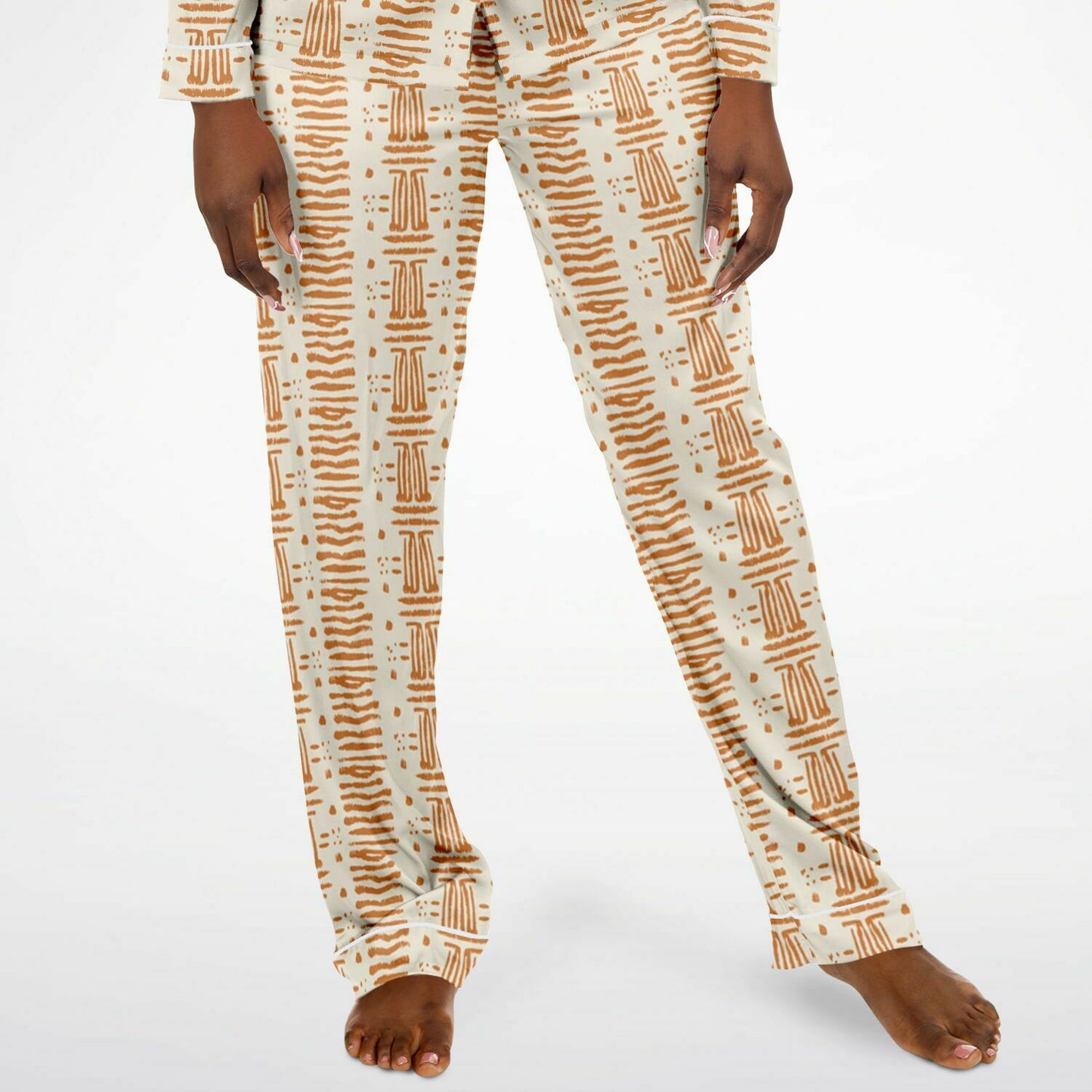 Women's Rust & Cream Mud Cloth Satin Pajama Set, African Print Luxury Sleepwear