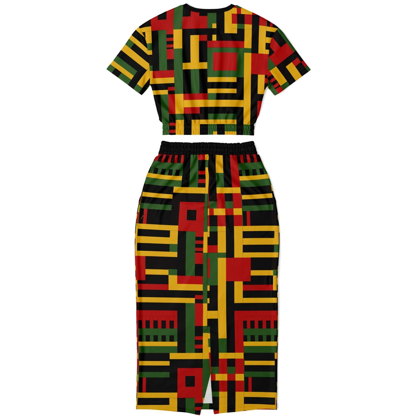 African Kente Cloth Women's Cropped Sweatshirt & Long Skirt Set, Ethnic Print Fashion