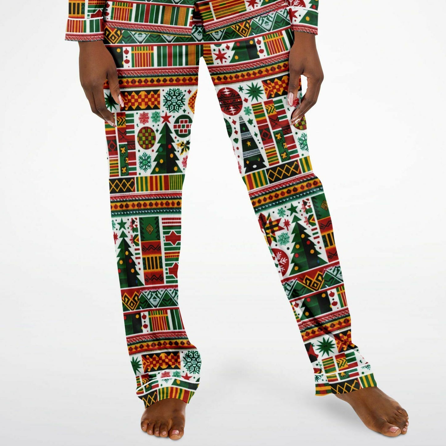 Kente Cloth Christmas Women's Satin Pajamas, Colorful Kente Cloth Christmas Themed Night Wear