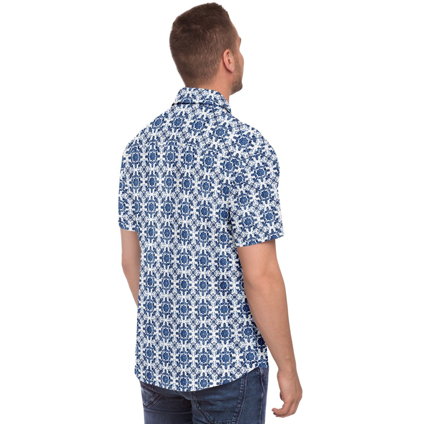 Blue Floral Pattern Short Sleeve Button Down Shirt, Men's Navy and White Print Dress Shirt