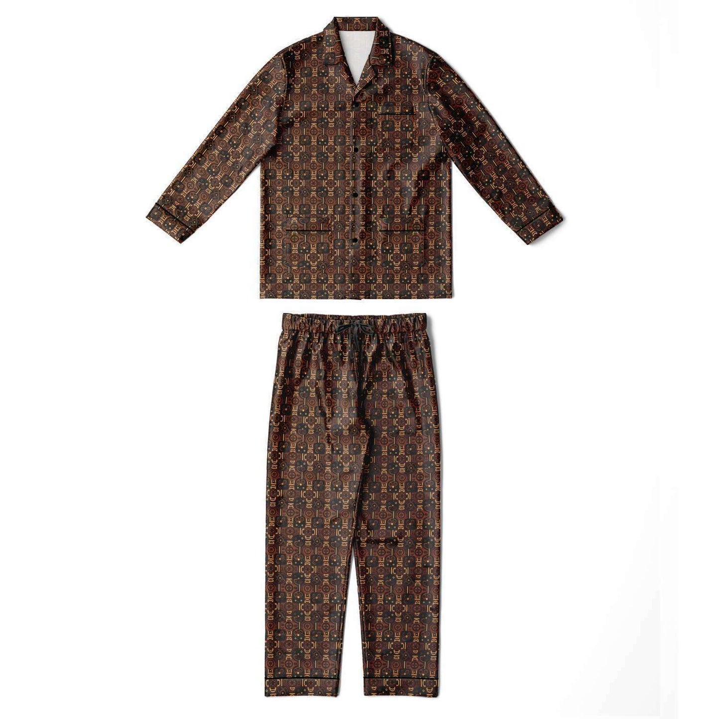 Brown African Wax Print  Men's Satin Pajama Set | Adinkra Symbols African Print' Big & Tall Satin Cozy Men's Loungewear