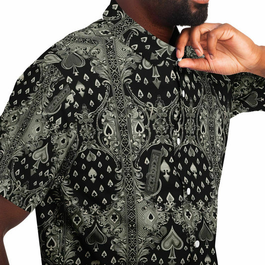 Ace of Spades Men's Short Sleeve Button Down Shirt, Black and Grey Poker Print