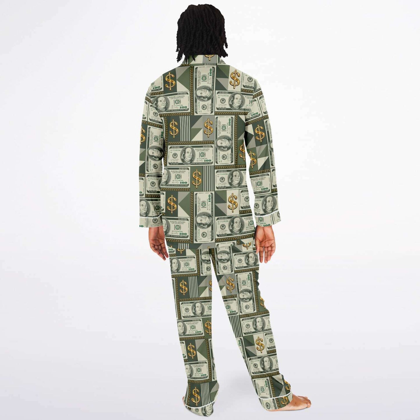 Money Manifestation Satin Luxury Pajamas for Men, Plus Size Money Print Mens Loungewear