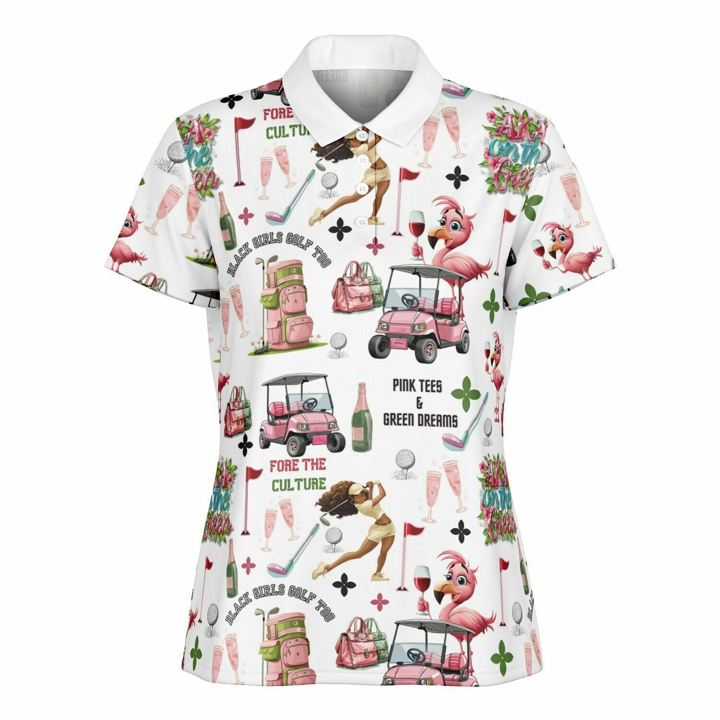 AKA Black Girls Golf Too Pattern Polo, Pink & Green Pretty Girl Golfing Shirt