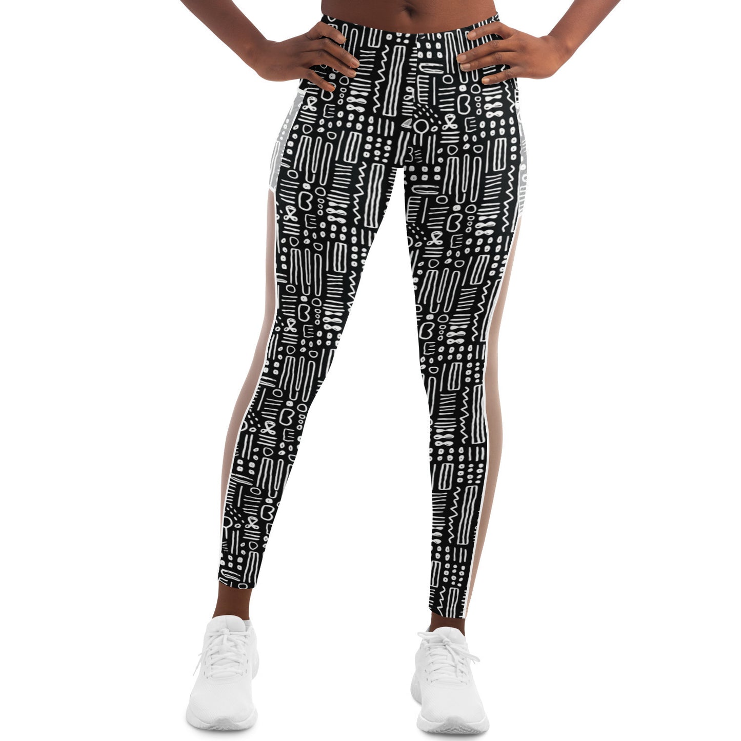 Black & WhiteAfrican MudCloth Print Mesh Women's Leggings, Women's Work Out Wear