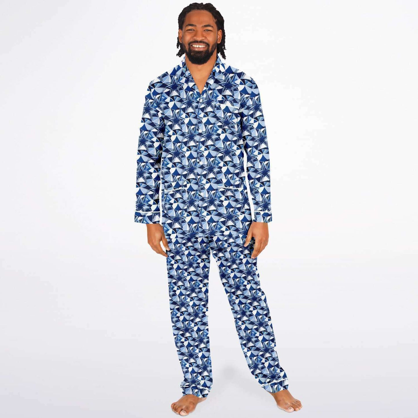 Football Fan Men's Royal Blue and White Satin Pajama Set | Mens Luxury Comfortable Sleepwear | Football Fanatic PJ's - Ships Free